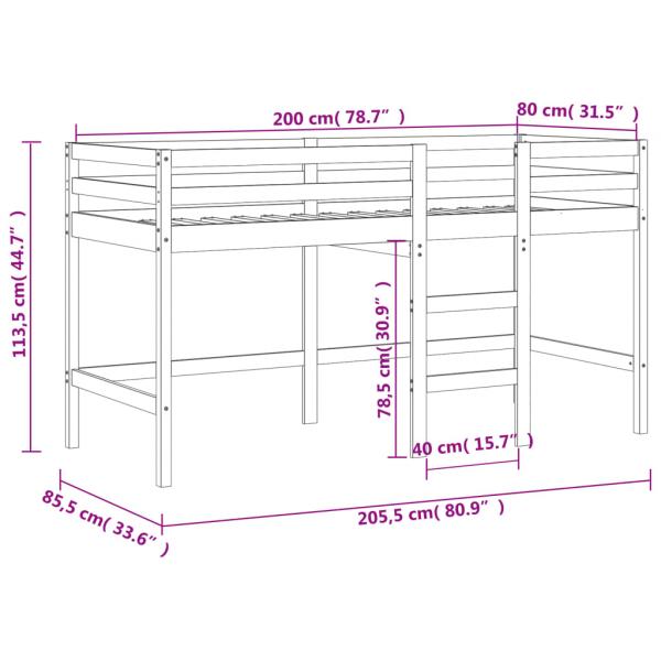 Kinderhochbett mit Leiter Schwarz 80x200 cm Massivholz Kiefer