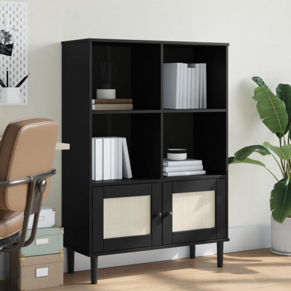 ARDEBO.de - Bücherschrank SENJA Rattan-Look Schwarz 90x35x130cm Kiefernholz