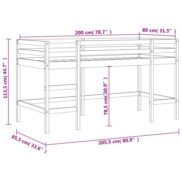 Kinderhochbett mit Leiter Schwarz 80x200 cm Massivholz Kiefer