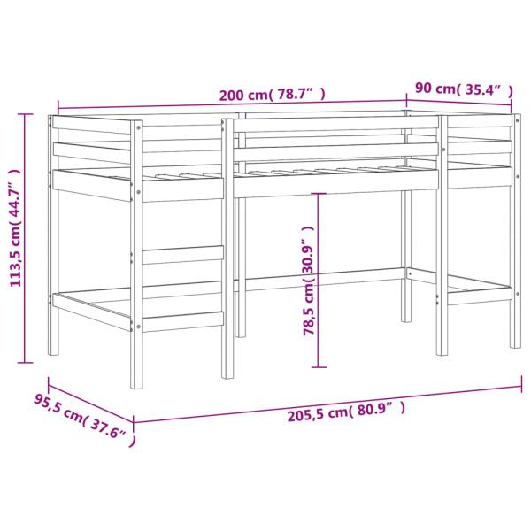 Kinderhochbett mit Leiter Schwarz 90x200 cm Massivholz Kiefer