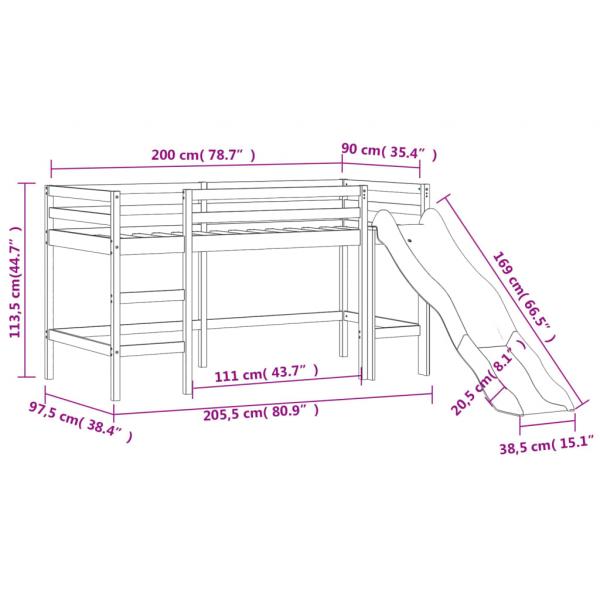 Kinderhochbett mit Rutsche Schwarz 90x200 cm Massivholz Kiefer