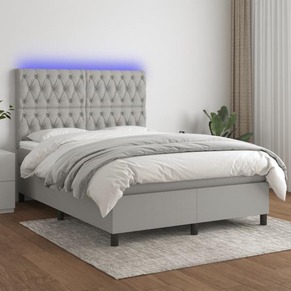 ARDEBO.de - Boxspringbett mit Matratze & LED Hellgrau 140x190 cm Stoff