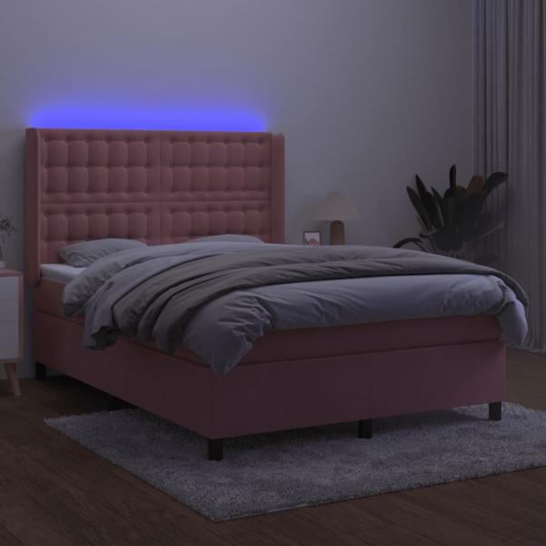 Boxspringbett mit Matratze & LED Rosa 140x190 cm Samt