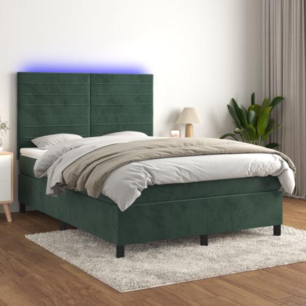 ARDEBO.de - Boxspringbett mit Matratze & LED Dunkelgrün 140x190 cm Samt