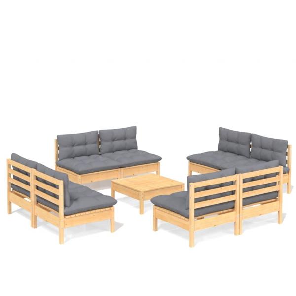 9-tlg. Garten-Lounge-Set mit Grauen Kissen Kiefernholz