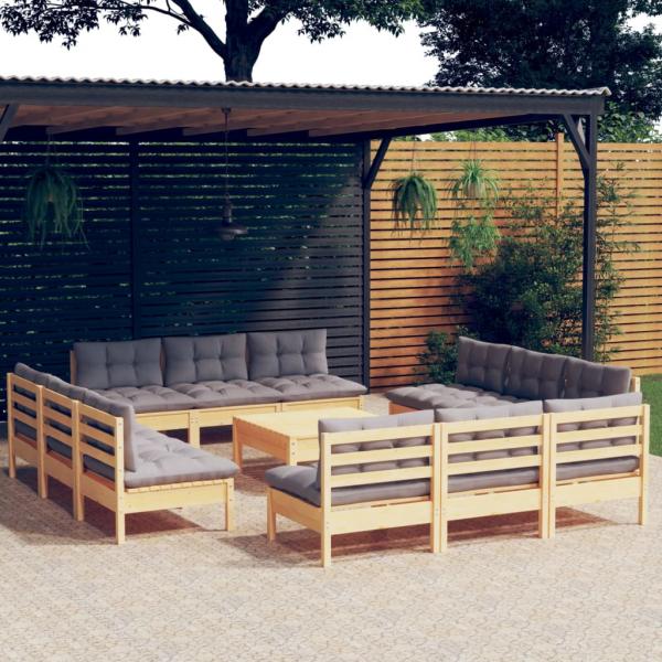 ARDEBO.de - 13-tlg. Garten-Lounge-Set mit Grauen Kissen Kiefernholz