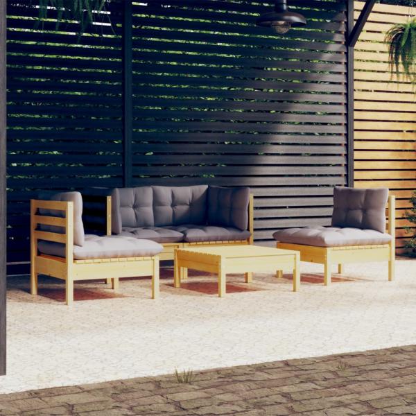 ARDEBO.de - 5-tlg. Garten-Lounge-Set mit Grauen Kissen Kiefer Massivholz