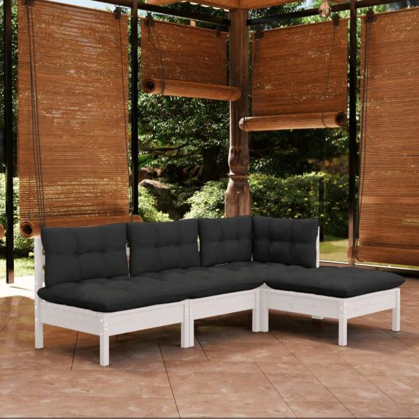 ARDEBO.de - 4-tlg. Garten-Lounge-Set mit Kissen Weiß Kiefernholz