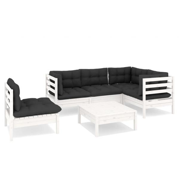 6-tlg. Garten-Lounge-Set mit Kissen Weiß Kiefernholz