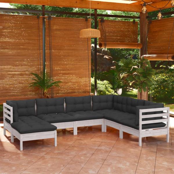 ARDEBO.de - 7-tlg. Garten-Lounge-Set mit Kissen Weiß Kiefer Massivholz