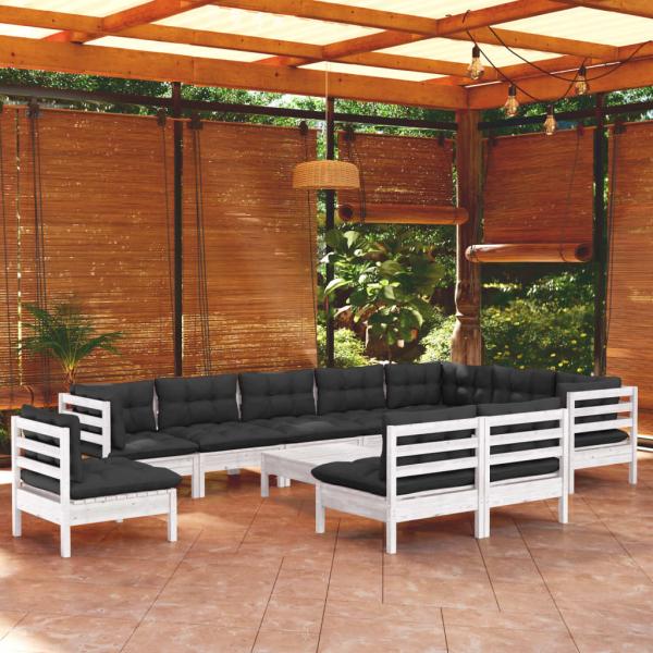 ARDEBO.de - 11-tlg. Garten-Lounge-Set mit Kissen Weiß Kiefer Massivholz