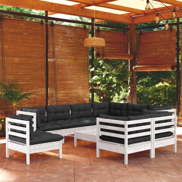 ARDEBO.de - 10-tlg. Garten-Lounge-Set mit Kissen Weiß Kiefer Massivholz