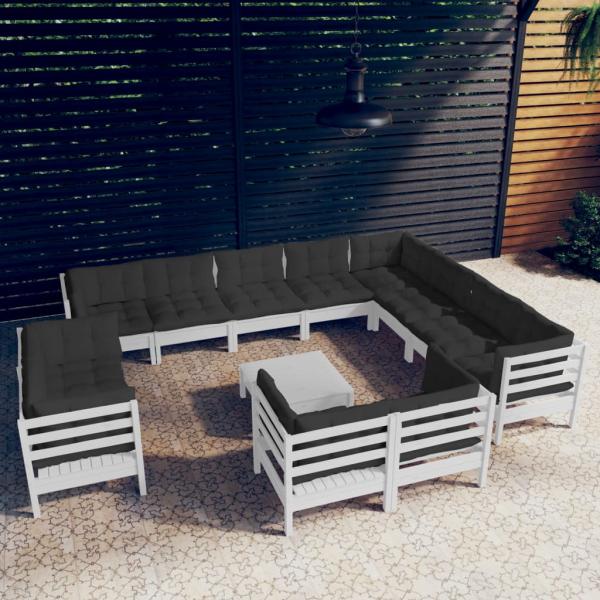 ARDEBO.de - 13-tlg. Garten-Lounge-Set mit Kissen Weiß Massivholz Kiefer