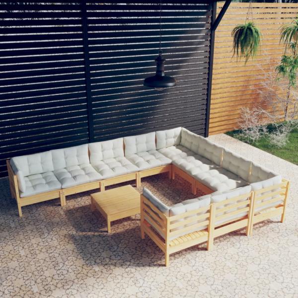 ARDEBO.de - 11-tlg. Garten-Lounge-Set mit Creme Kissen Kiefernholz