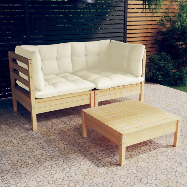 ARDEBO.de - 3-tlg. Garten-Lounge-Set mit Creme Kissen Kiefernholz