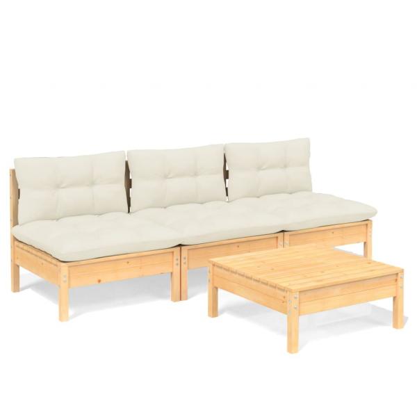 4-tlg. Garten-Lounge-Set mit Creme Kissen Kiefernholz