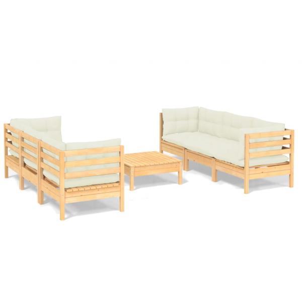 7-tlg. Garten-Lounge-Set mit Creme Kissen Kiefernholz