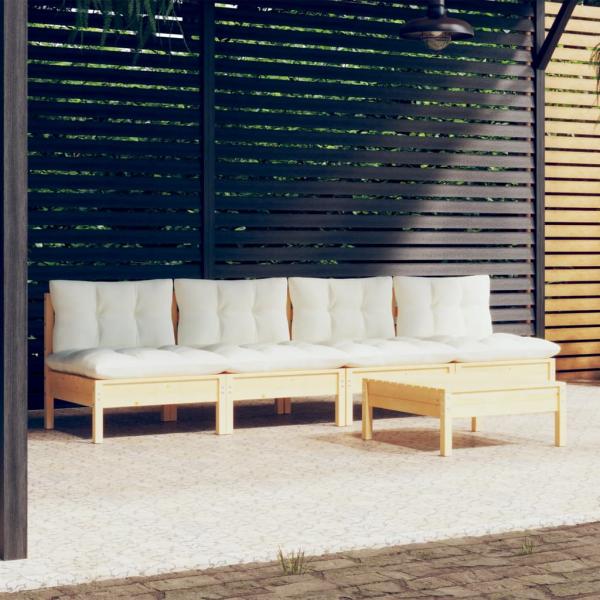 ARDEBO.de - 5-tlg. Garten-Lounge-Set mit Creme Kissen Kiefernholz