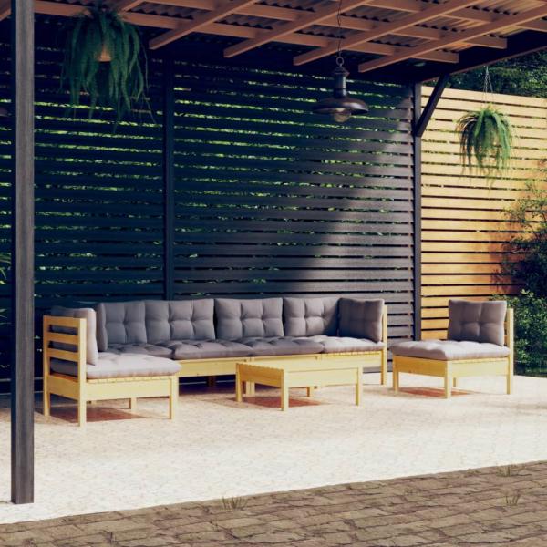 ARDEBO.de - 7-tlg. Garten-Lounge-Set mit Grauen Kissen Kiefer Massivholz