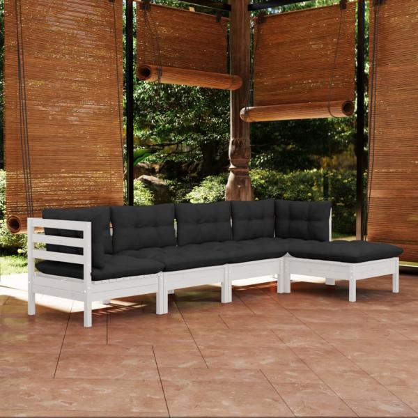 ARDEBO.de - 5-tlg. Garten-Lounge-Set mit Kissen Weiß Kiefernholz