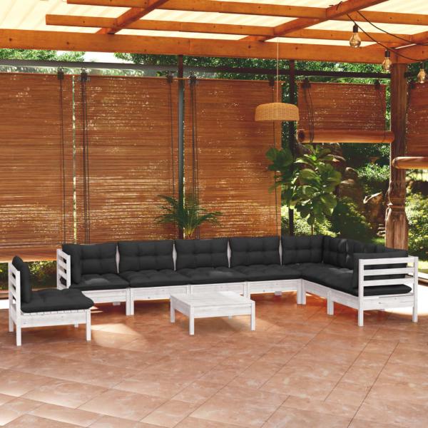 ARDEBO.de - 9-tlg. Garten-Lounge-Set mit Kissen Weiß Kiefer Massivholz