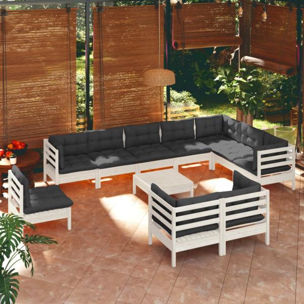 ARDEBO.de - 11-tlg. Garten-Lounge-Set mit Kissen Weiß Kiefer Massivholz