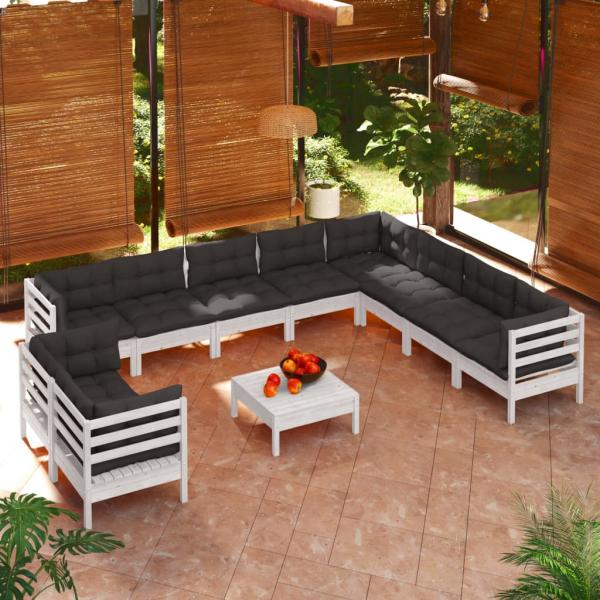 ARDEBO.de - 11-tlg. Garten-Lounge-Set mit Kissen Weiß Massivholz Kiefer