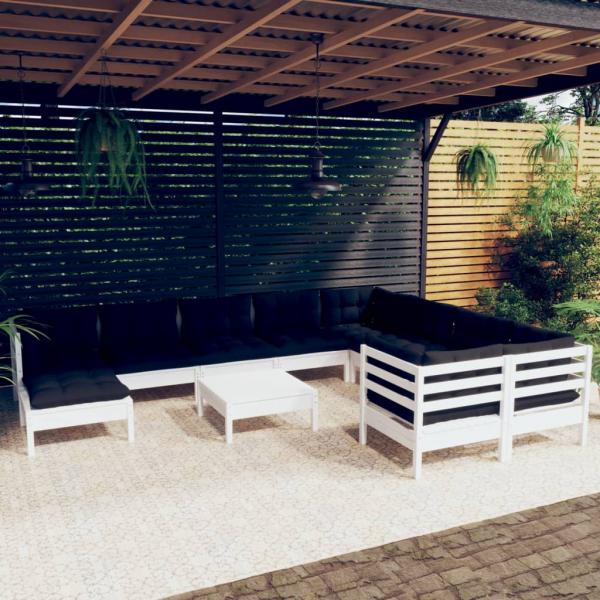 ARDEBO.de - 11-tlg. Garten-Lounge-Set mit Kissen Weiß Kiefernholz