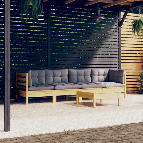 ARDEBO.de - 5-tlg. Garten-Lounge-Set mit Grauen Kissen Kiefer Massivholz