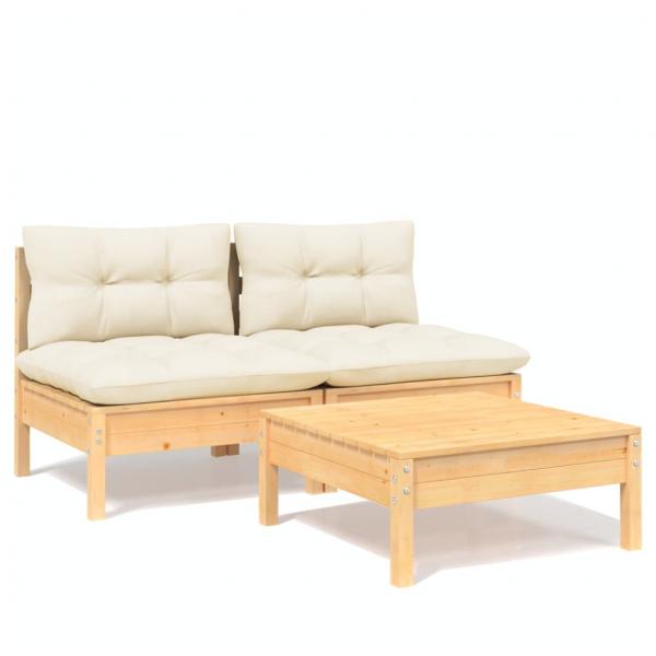 3-tlg. Garten-Lounge-Set mit Creme Kissen Kiefernholz