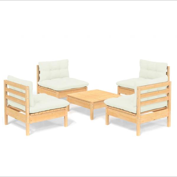 5-tlg. Garten-Lounge-Set mit Creme Kissen Kiefernholz