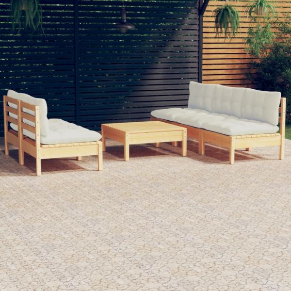 ARDEBO.de - 6-tlg. Garten-Lounge-Set mit Creme Kissen Kiefernholz