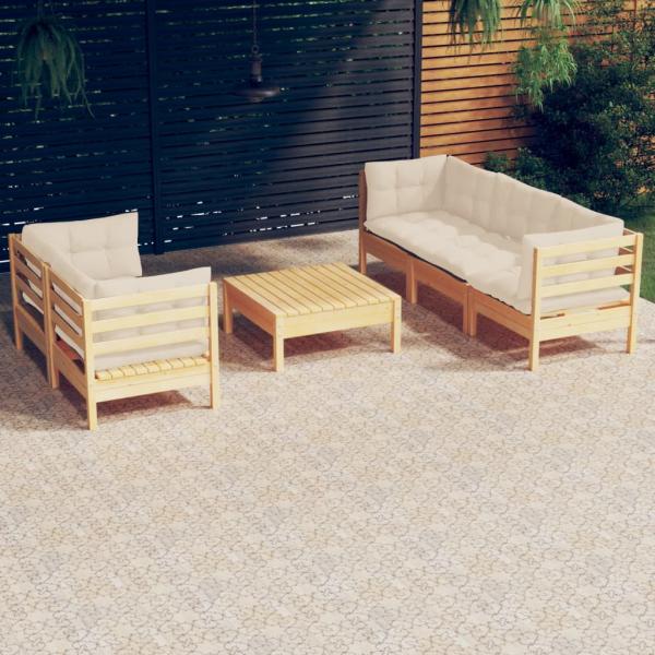 ARDEBO.de - 6-tlg. Garten-Lounge-Set mit Creme Kissen Kiefernholz