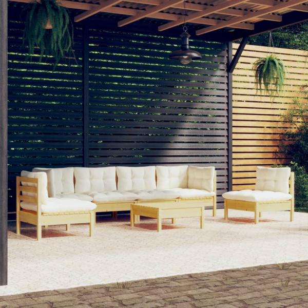 ARDEBO.de - 7-tlg. Garten-Lounge-Set mit Creme Kissen Massivholz Kiefer