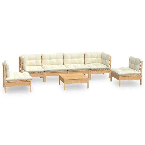 7-tlg. Garten-Lounge-Set mit Creme Kissen Massivholz Kiefer