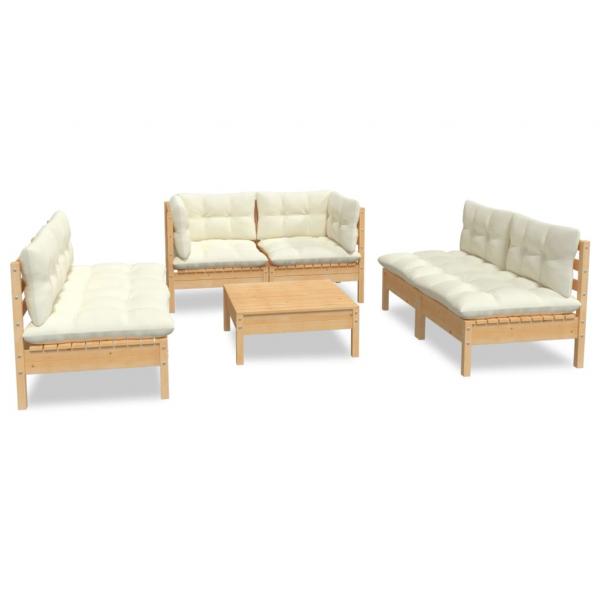 7-tlg. Garten-Lounge-Set mit Creme Kissen Massivholz Kiefer