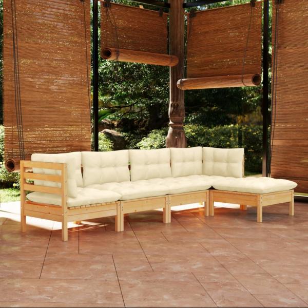 ARDEBO.de - 5-tlg. Garten-Lounge-Set mit Creme Kissen Kiefernholz