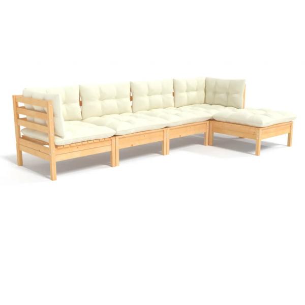 5-tlg. Garten-Lounge-Set mit Creme Kissen Kiefernholz