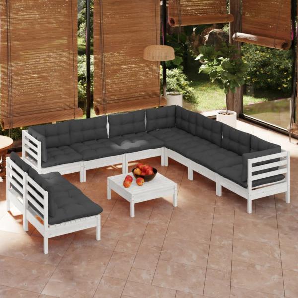 ARDEBO.de - 10-tlg. Garten-Lounge-Set mit Kissen Weiß Massivholz Kiefer