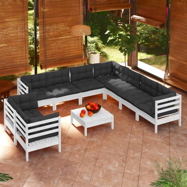 ARDEBO.de - 10-tlg. Garten-Lounge-Set mit Kissen Weiß Massivholz Kiefer