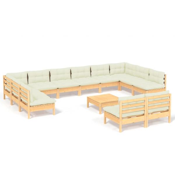 13-tlg. Garten-Lounge-Set mit Creme Kissen Massivholz Kiefer