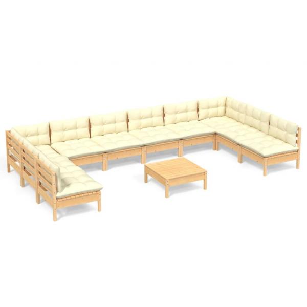 11-tlg. Garten-Lounge-Set mit Creme Kissen Massivholz Kiefer