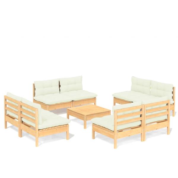 9-tlg. Garten-Lounge-Set mit Creme Kissen Kiefernholz