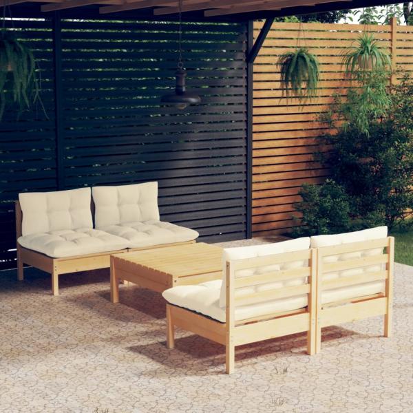 ARDEBO.de - 5-tlg. Garten-Lounge-Set mit Creme Kissen Kiefernholz