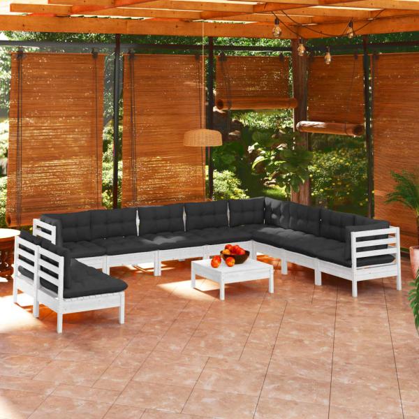 ARDEBO.de - 11-tlg. Garten-Lounge-Set mit Kissen Weiß Massivholz Kiefer