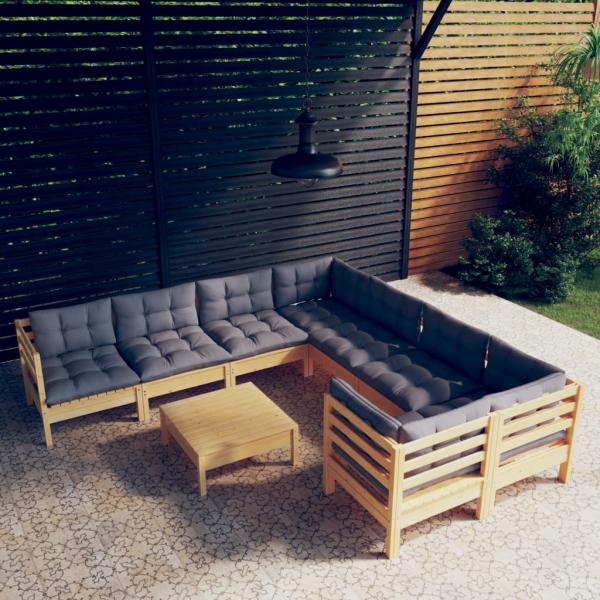 ARDEBO.de - 9-tlg. Garten-Lounge-Set mit Grauen Kissen Kiefernholz