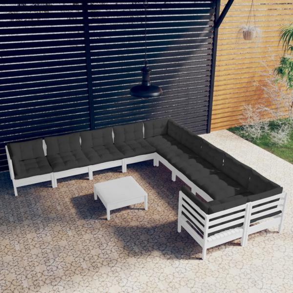 ARDEBO.de - 11-tlg. Garten-Lounge-Set mit Kissen Weiß Kiefernholz