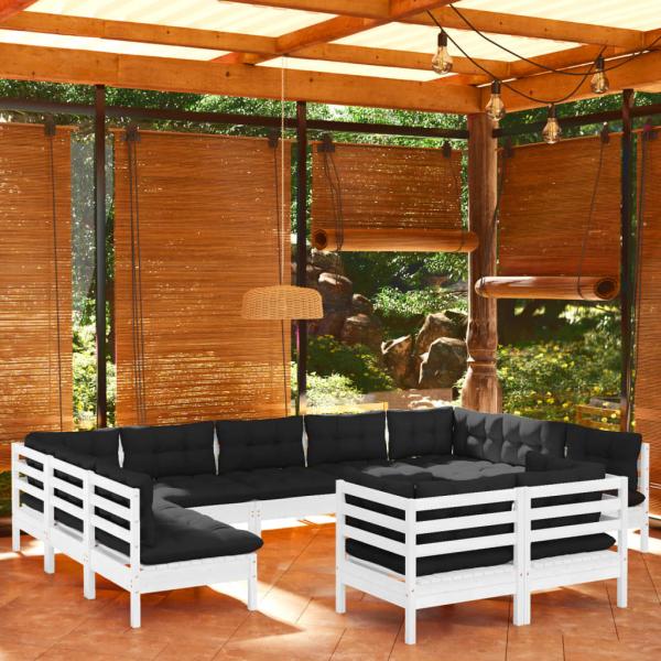 ARDEBO.de - 11-tlg. Garten-Lounge-Set mit Kissen Weiß Kiefer Massivholz