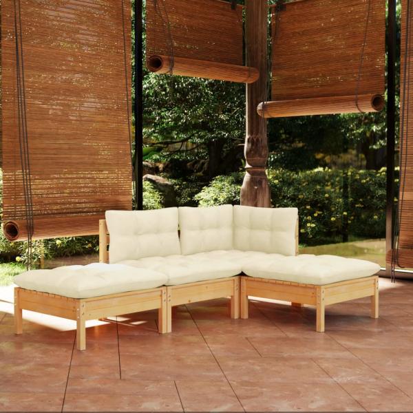 ARDEBO.de - 4-tlg. Garten-Lounge-Set mit Creme Kissen Kiefer Massivholz