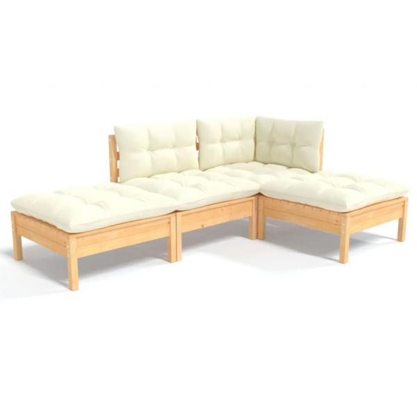 4-tlg. Garten-Lounge-Set mit Creme Kissen Kiefer Massivholz